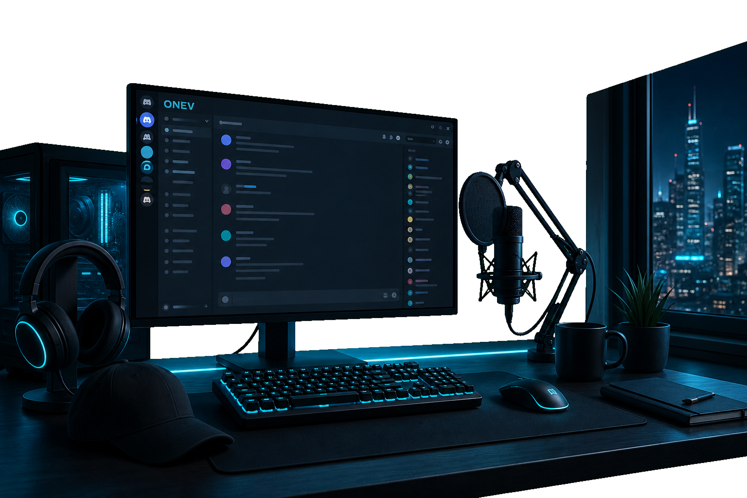 ONEV Discord Community Setup mit Monitor, Mikrofon und Gaming-Schreibtisch