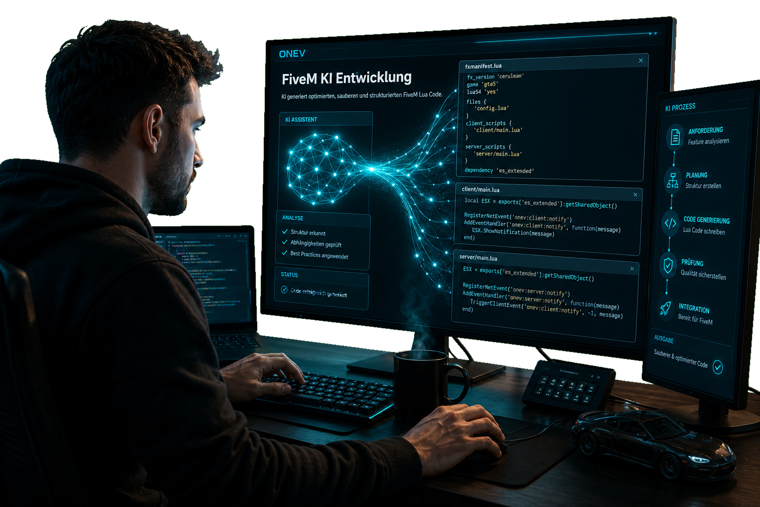 FiveM KI Entwicklung bei ONEV: KI erzeugt strukturierten FiveM Lua Code mit fxmanifest, client/server-Split und Config
