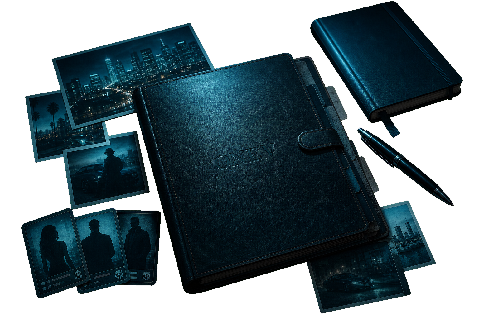 ONEV Roleplay Konzept mit Charakterdossier, Story-Notizen und Beziehungsmappe