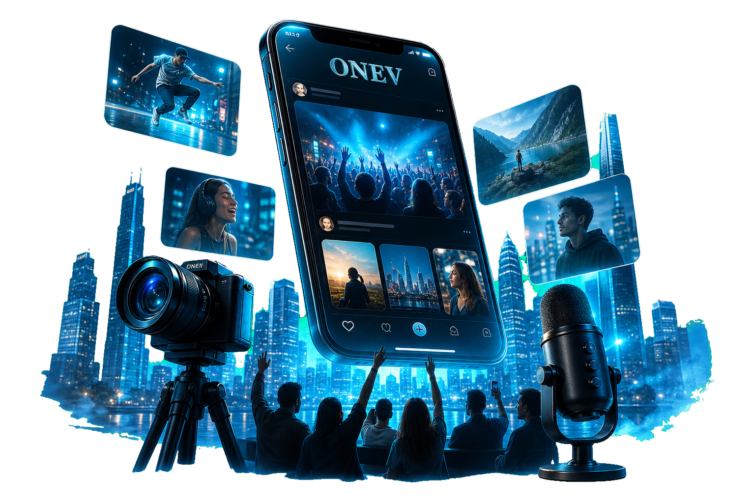 ONEV Social Media mit Smartphone, Kamera, Mikrofon und Community-Inhalten