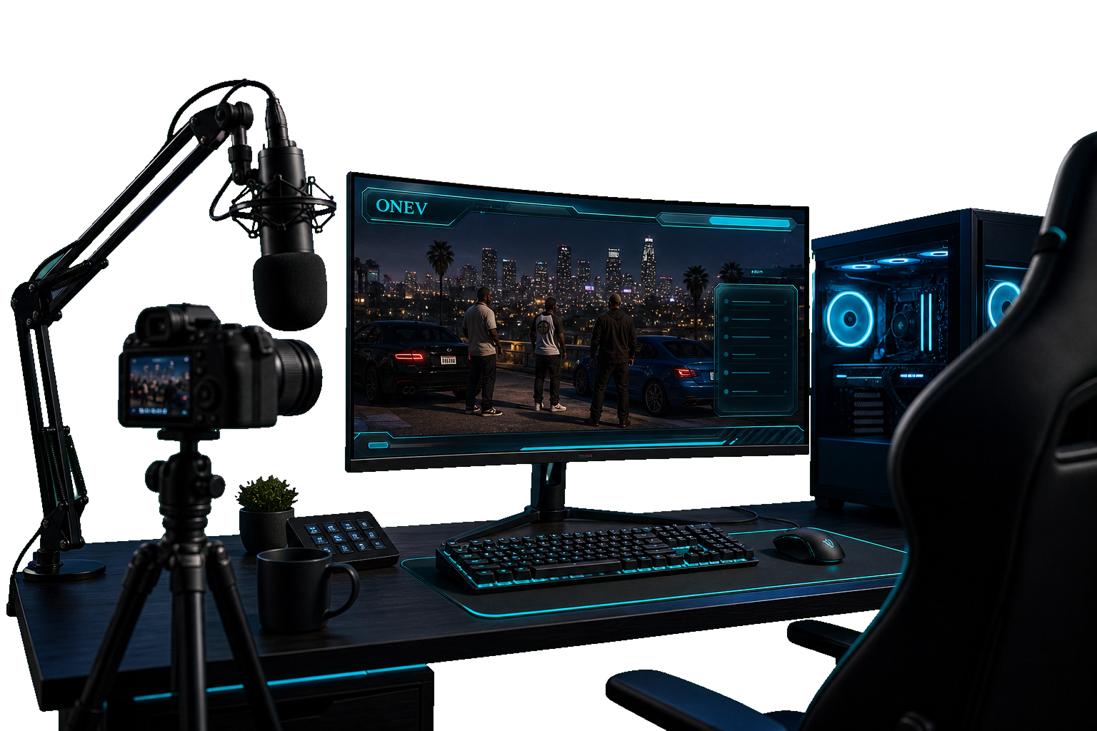 ONEV Stream Partner Setup mit Mikrofon, Kamera, Monitor und Roleplay-Szene