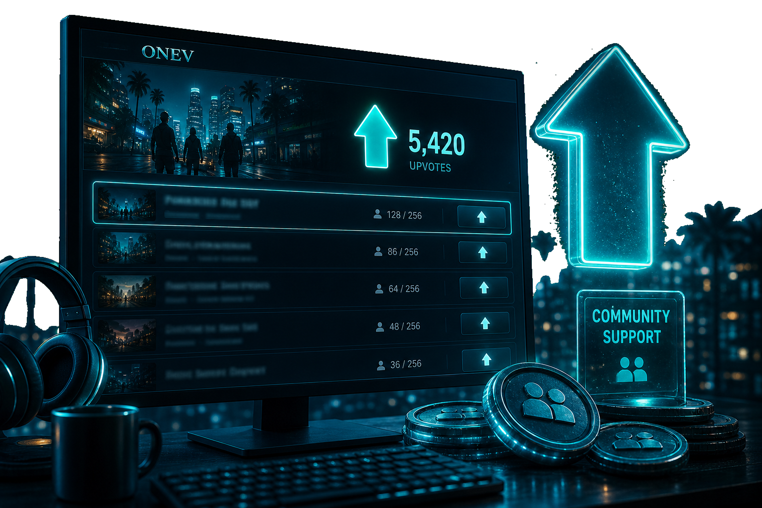 ONEV FiveM Upvotes mit Serverliste, Community-Support und Ranking-Pfeil